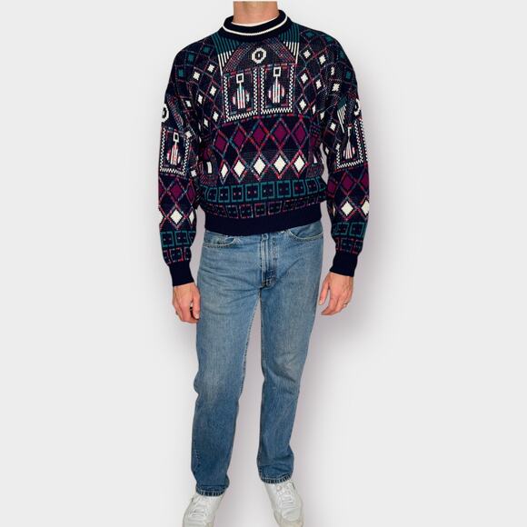 80s McGregor Navy Teal Purple Absract‎ Sweater Size M - Picture 3 of 4